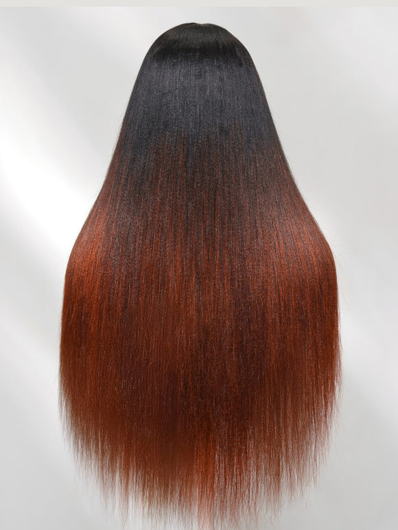 $77=20" Wig | Flash Sale Klaiyi Yaki Straight V Part Wigs Ombre Reddish Brown with Dark Roots Upgrade Invisi Drawstring