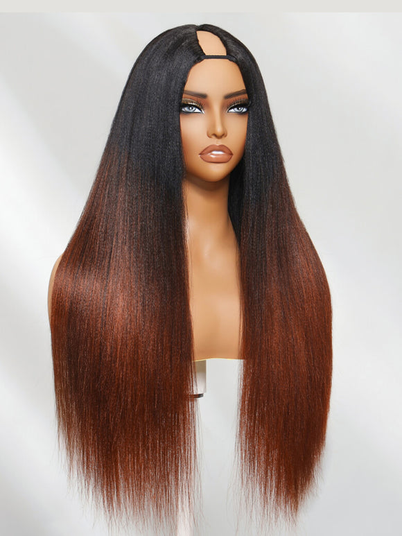 $77=20" Wig | Flash Sale Klaiyi Yaki Straight V Part Wigs Ombre Reddish Brown with Dark Roots Upgrade Invisi Drawstring