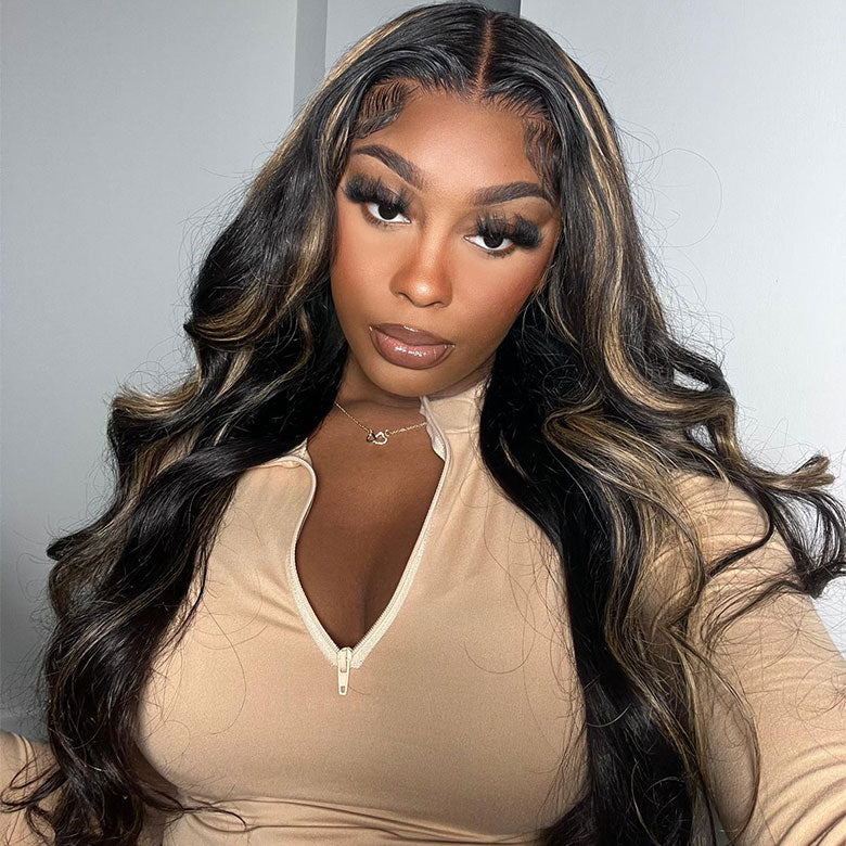 Klaiyi 7x5 Glueless Lace Put On and Go Pre-cut Lace  Natural Color With Peek A Boo Blonde Highlights Body Wave Wig