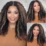 Klaiyi 7x5 Larger Lace Closure Balayage Blonde Highlights Kinky Curly Put On and Go Pre-cut Glueless Wig Precolored Ombre Hair