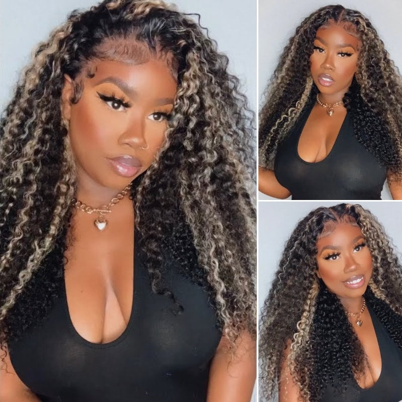 Extra 60% OFF | Klaiyi Balayage Blonde Highlight Jerry Curly 13x4 Lace Front Glueless Wig Precolored Ombre Hair
