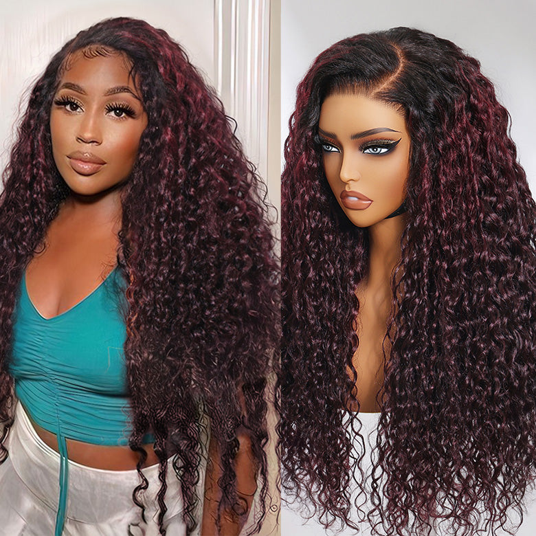 $100 OFF| Code: SAVE100 Klaiyi Dark Plum Color 13x4 Water Wave Pre-Everything™ Lace Frontal Wig with Dark Roots Glueless Wig