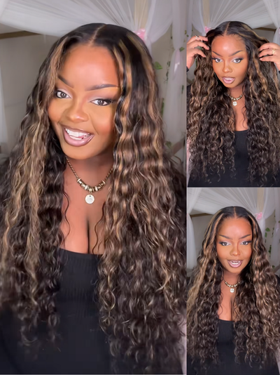 Klaiyi 7x5 Golden Brown Highlight Water Wave Bye Bye Knots Lace Closure Wig 150% Density