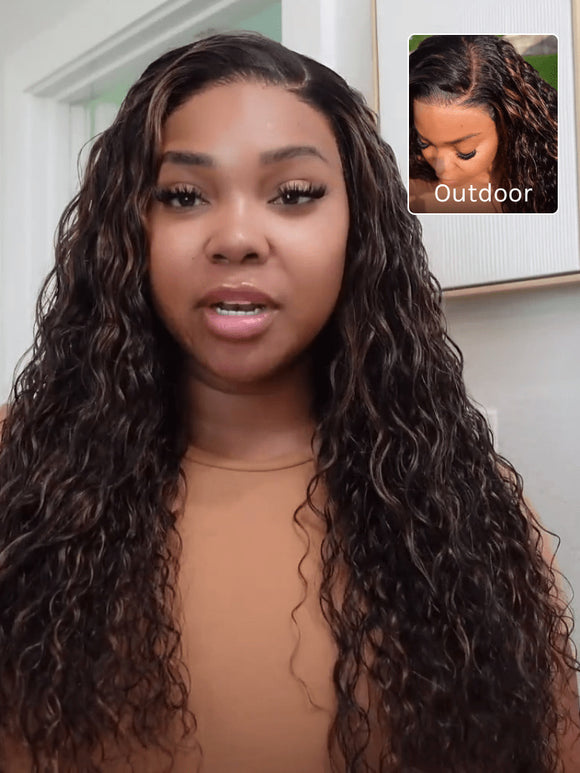 Buy 1 Get 1 Free,Code:BOGO | Klaiyi 7x5 Golden Brown Highlight Water Wave Bye Bye Knots Lace Closure Wig 150% Density