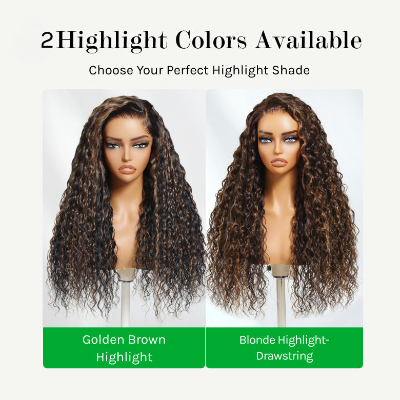Klaiyi 7x5 Golden Brown Highlight Water Wave Bye Bye Knots Lace Closure Wig 150% Density
