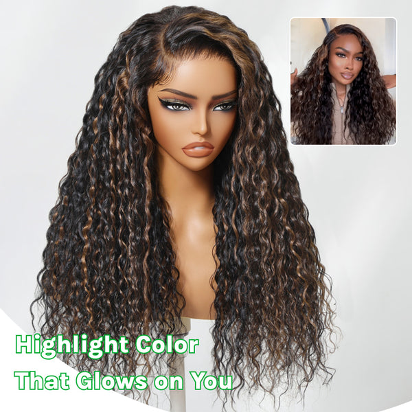 Klaiyi 7x5 Golden Brown Highlight Water Wave Bye Bye Knots Lace Closure Wig 150% Density