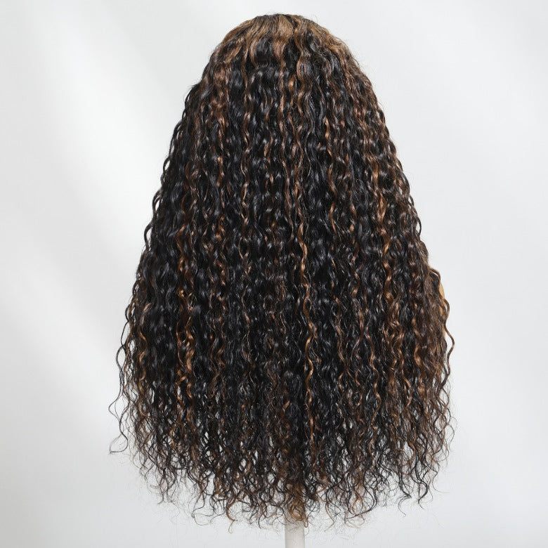 Klaiyi 7x5 Golden Brown Highlight Water Wave Bye Bye Knots Lace Closure Wig 150% Density