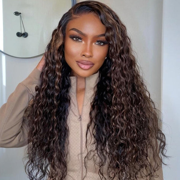 Klaiyi 7x5 Golden Brown Highlight Water Wave Bye Bye Knots Lace Closure Wig 150% Density