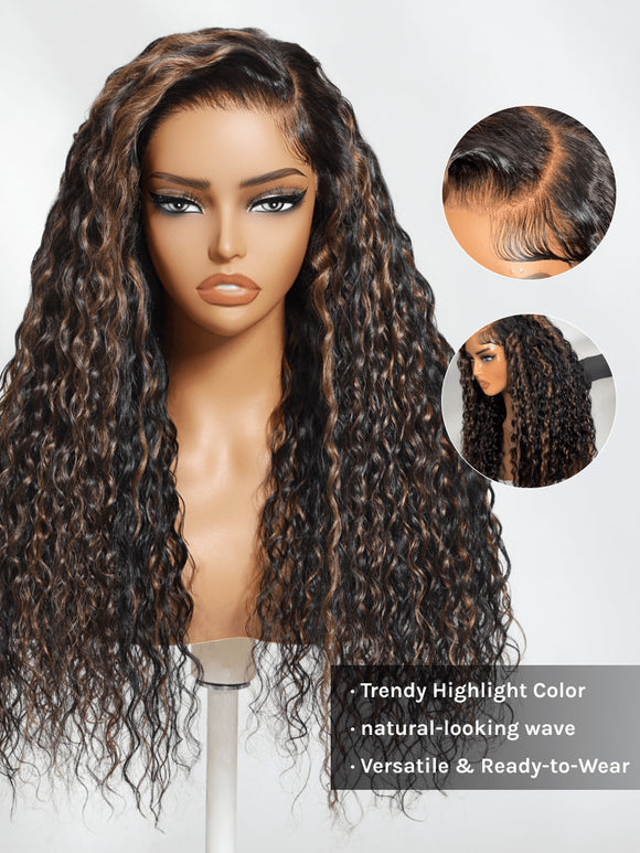 Extra 50% Off Code HALF50  | Klaiyi 7x5 Golden Brown Highlight Water Wave Bye Bye Knots Lace Closure Wig 150% Density