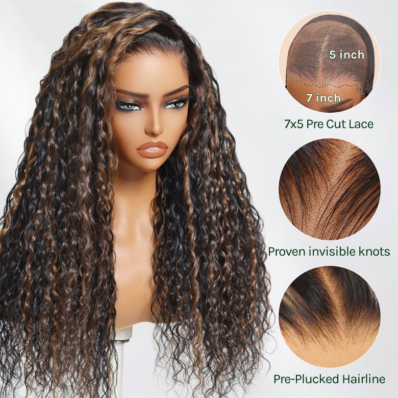 Klaiyi 7x5 Golden Brown Highlight Water Wave Bye Bye Knots Lace Closure Wig 150% Density