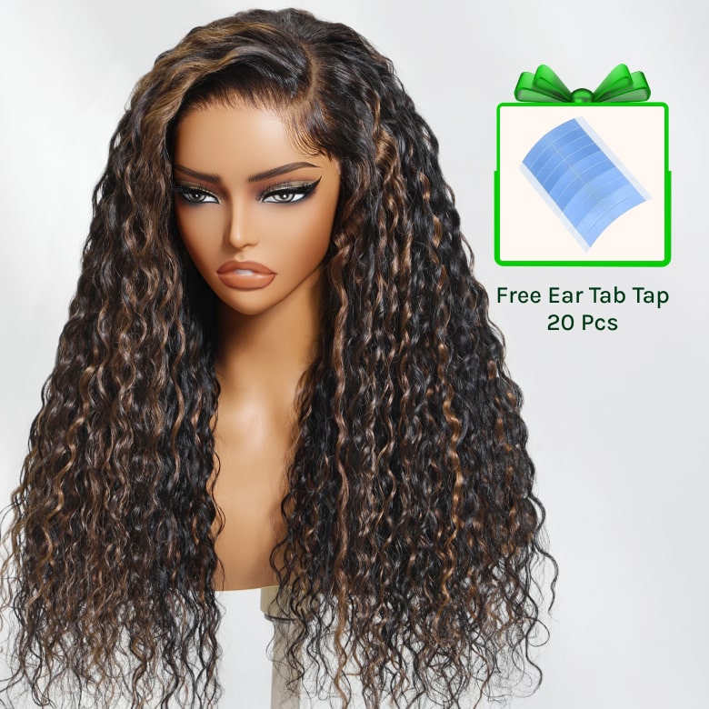Klaiyi 7x5 Golden Brown Highlight Water Wave Bye Bye Knots Lace Closure Wig 150% Density