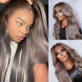 Klaiyi Brown Roots with Punky Gray Highlights Multicolor Wigs Body Wave Human Hair