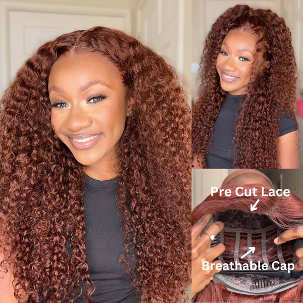 Klaiyi Pre-Cut Lace 200% Density Wig Wear & Go Reddish brown Jerry Curly Wig with Breathable Cap