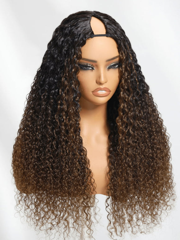 Perruque Klaiyi EasiContour™ bouclée en V, couleur châtain ombré, sans colle, cheveux humains