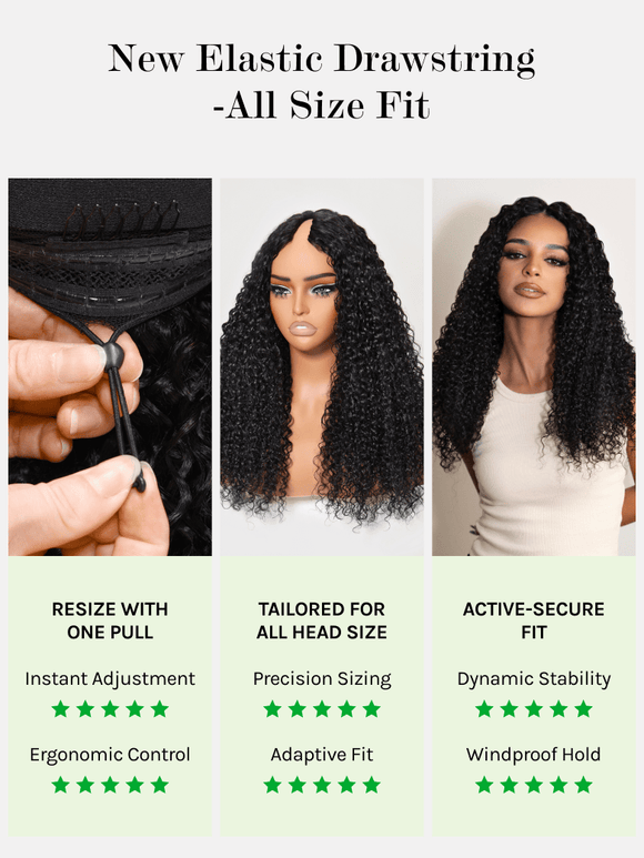 Klaiyi Hair Bouncy Water & Curly Seamless Blending Wig With Drawstring  InvisiBlend™ V part Wig 3.0 150% Density Protect Your Natural Hair Flash Sale