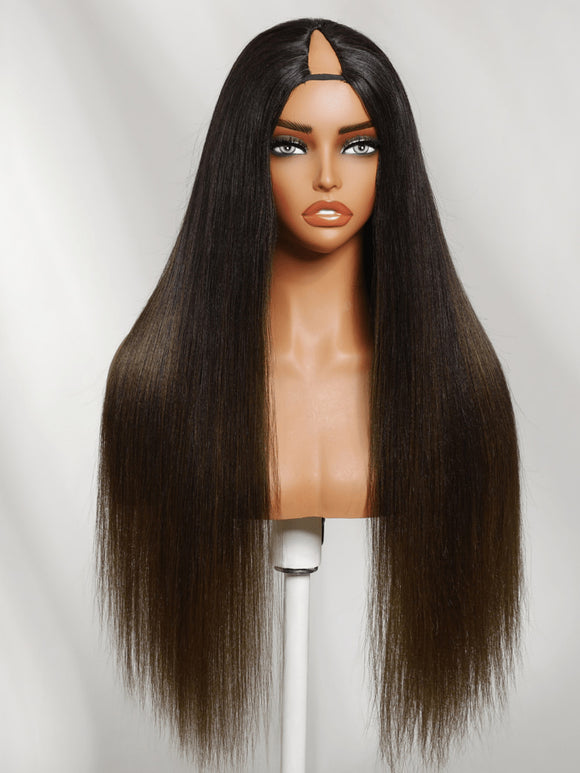 Extra 50% Off Code HALF50 |Klaiyi Ombre Chestnut Brown Yaki Straight EasiContour V Part Wigs Human Hair No Glue Protective Style Wig