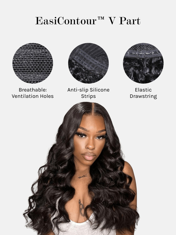 Klaiyi Body Wave Easicontour V Part Glueless Wig with invisi Drawstring Human Hair Meets Real Scalp Beginner Friendly