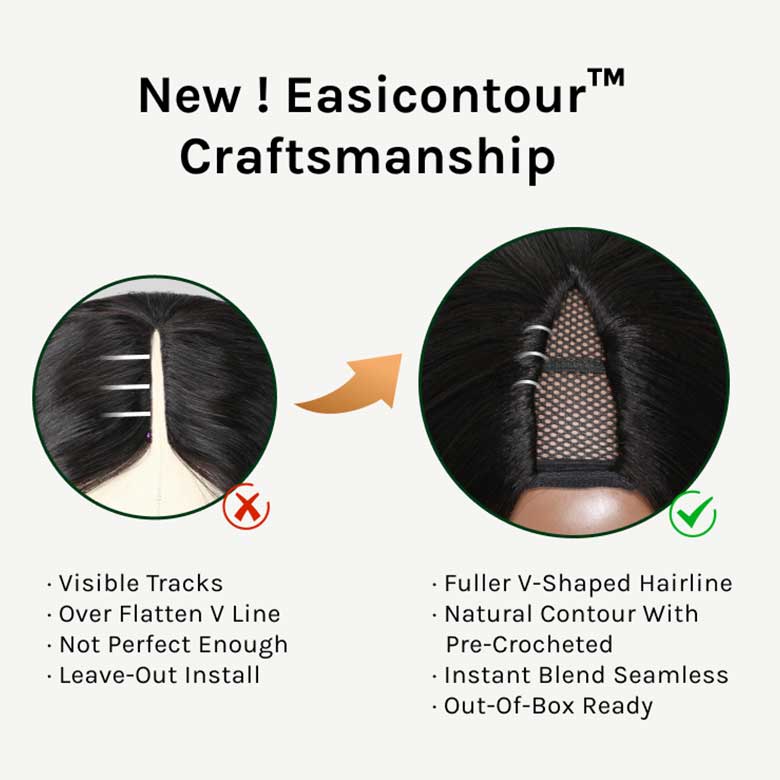 Klaiyi Body Wave Easicontour V Part Glueless Wig with invisi Drawstring Human Hair Meets Real Scalp Beginner Friendly