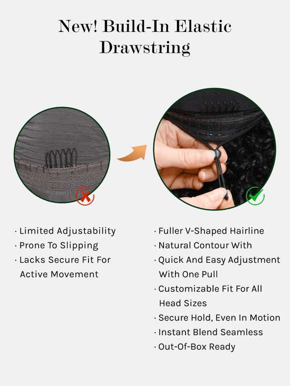 Klaiyi Hair Bouncy Water & Curly Seamless Blending Wig With Drawstring  InvisiBlend™ V part Wig 3.0 150% Density Protect Your Natural Hair Flash Sale