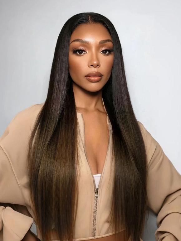 Extra 50% Off Code HALF50 |Klaiyi Ombre Chestnut Brown Yaki Straight EasiContour V Part Wigs Human Hair No Glue Protective Style Wig