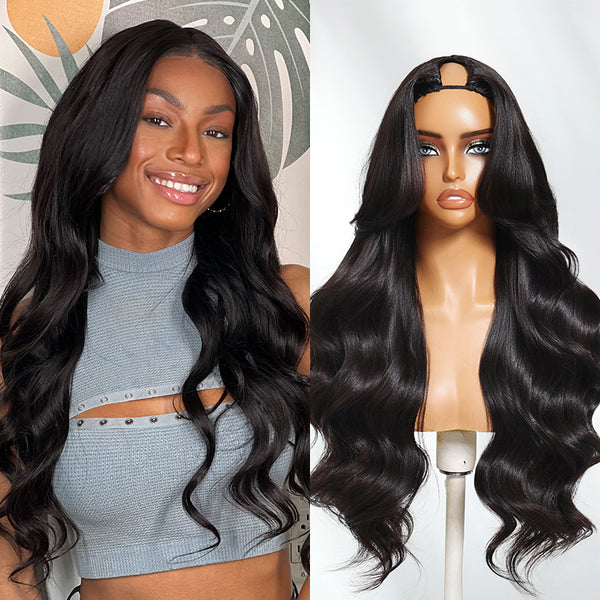 Klaiyi Hair Yaki Wavy V Part Wig With Flip Out Bang EasiContour Drawstring V-Part Glueless Human Hair Wigs