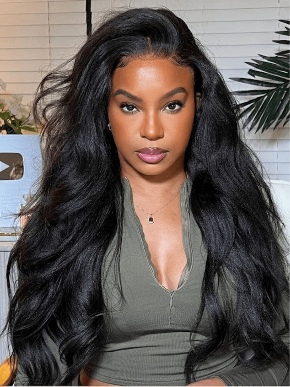 22"-24" Yaki Wavy With Flip Out Bang EasiContour Drawstring V-Part Glueless Human Hair Wigs Flash Sale