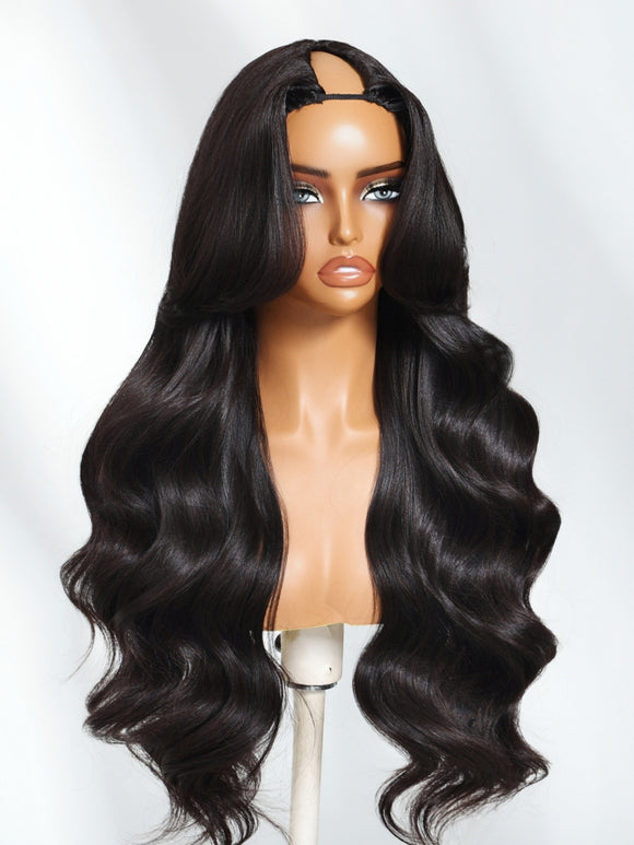 22"-24" Yaki Wavy With Flip Out Bang EasiContour Drawstring V-Part Glueless Human Hair Wigs Flash Sale