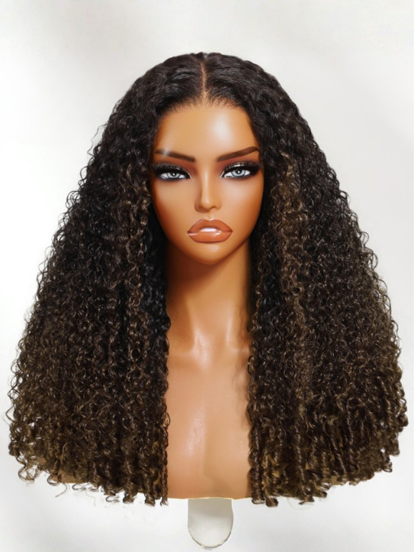 Klaiyi Ombre Chestnut Brown 7x5 Burmese Curly Wig with Finger Coil Ends Put On and Go Glueless Human Hair with Invisi Drawstring