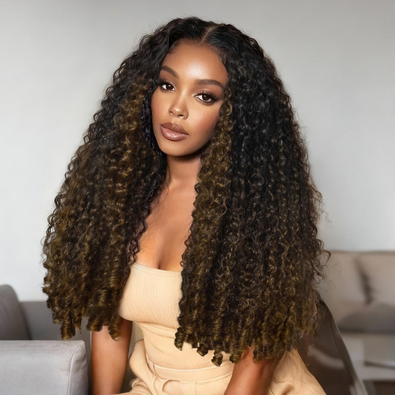 Klaiyi Ombre Chestnut Brown 7x5 Burmese Curly Wig with Finger Coil Ends Put On and Go Glueless Human Hair with Invisi Drawstring