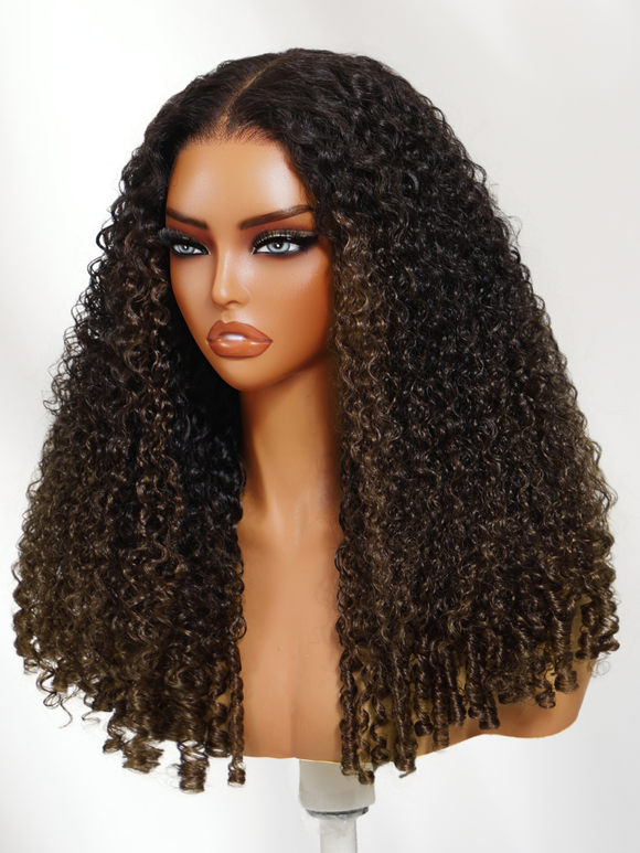 Klaiyi Ombre Chestnut Brown 7x5 Burmese Curly Wig with Finger Coil Ends Put On and Go Glueless Human Hair with Invisi Drawstring