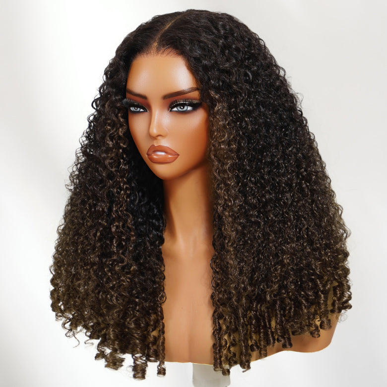 Klaiyi Ombre Chestnut Brown 7x5 Burmese Curly Wig with Finger Coil Ends Put On and Go Glueless Human Hair with Invisi Drawstring