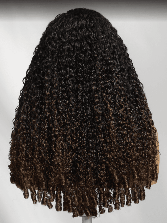 Klaiyi Ombre Chestnut Brown 7x5 Burmese Curly Wig with Finger Coil Ends Put On and Go Glueless Human Hair with Invisi Drawstring