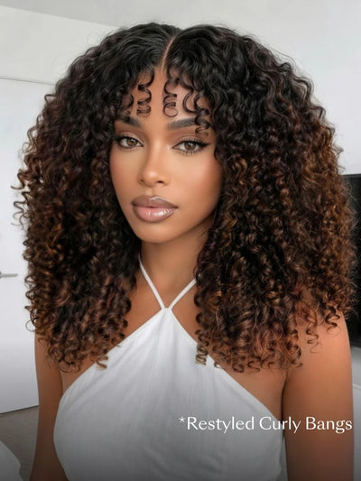Perruque Klaiyi Ombre Châtain Brun 7x5, bouclée birmane, pointes enroulées aux doigts, facile à poser et à coiffer, sans colle, en cheveux humains avec cordon de serrage invisible. 