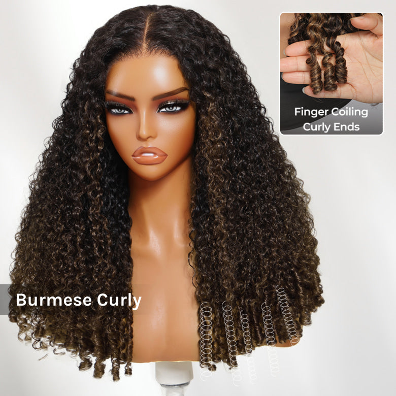 Klaiyi Ombre Chestnut Brown 7x5 Burmese Curly Wig with Finger Coil Ends Put On and Go Glueless Human Hair with Invisi Drawstring