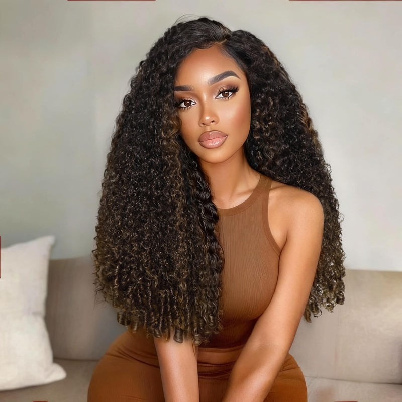 Klaiyi Ombre Chestnut Brown 7x5 Burmese Curly Wig with Finger Coil Ends Put On and Go Glueless Human Hair with Invisi Drawstring