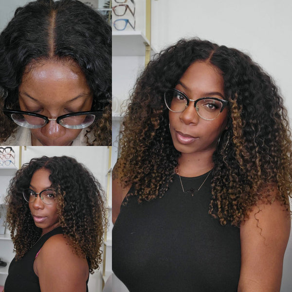 Klaiyi Ombre Chestnut Brown 7x5 Burmese Curly Wig with Finger Coil Ends Put On and Go Glueless Human Hair with Invisi Drawstring