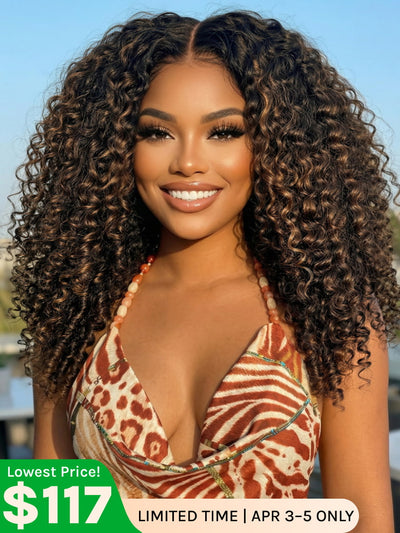 Klaiyi Ombre Chestnut Brown 7x5 Burmese Curly Wig with Finger Coil Ends Put On and Go Glueless Human Hair with Invisi Drawstring