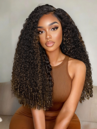 Klaiyi Ombre Chestnut Brown 7x5 Burmese Curly Wig with Finger Coil Ends Put On and Go Glueless Human Hair with Invisi Drawstring
