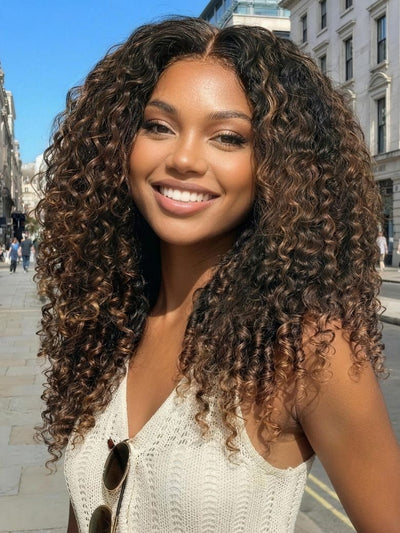 Klaiyi Ombre Chestnut Brown 7x5 Burmese Curly Wig with Finger Coil Ends Put On and Go Glueless Human Hair with Invisi Drawstring