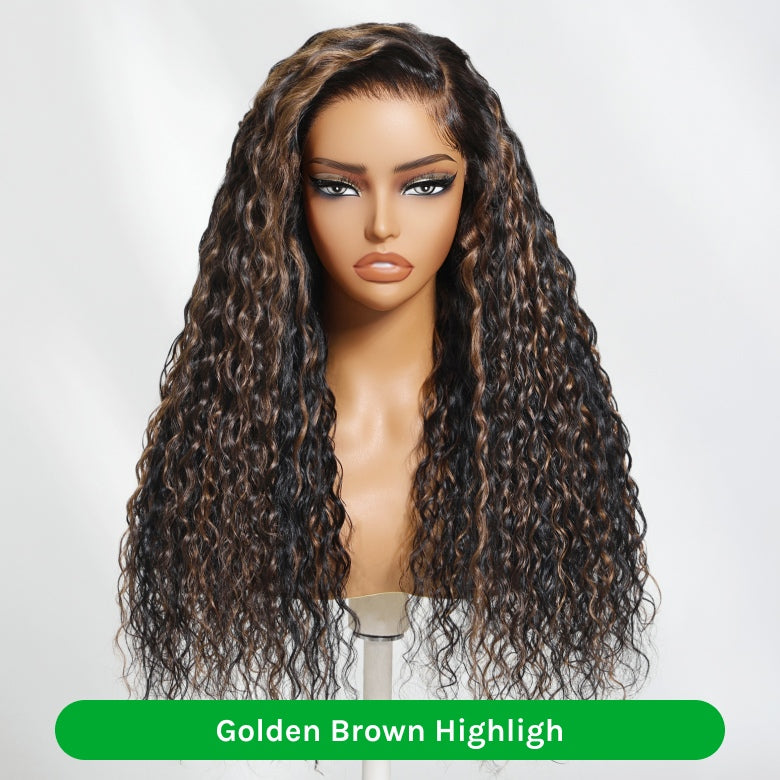 Klaiyi 7x5 Golden Brown Highlight Water Wave Bye Bye Knots Lace Closure Wig 150% Density