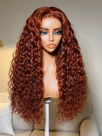 Klaiyi Reddish Brown Water Wave 7x5 Glueless Human Hair Lace Wig Put On & Go