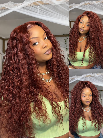 Klaiyi Reddish Brown Water Wave 7x5 Glueless Human Hair Lace Wig Put On & Go