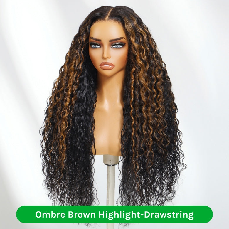 Klaiyi 7x5 Golden Brown Highlight Water Wave Bye Bye Knots Lace Closure Wig 150% Density