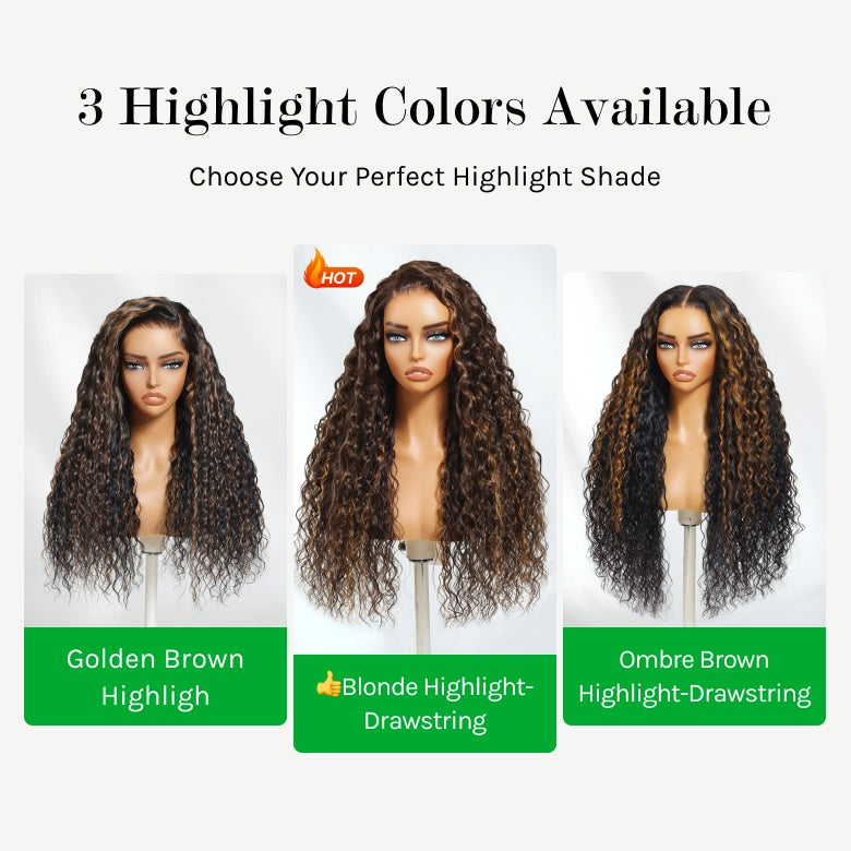 Klaiyi 7x5 Golden Brown Highlight Water Wave Bye Bye Knots Lace Closure Wig 150% Density