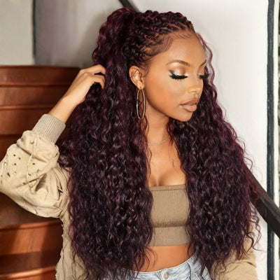 Klaiyi 13x4 Black Cherry Dark Burgundy Water Wave Pre Everything Lace Frontal Wig With Invisible Drawstring