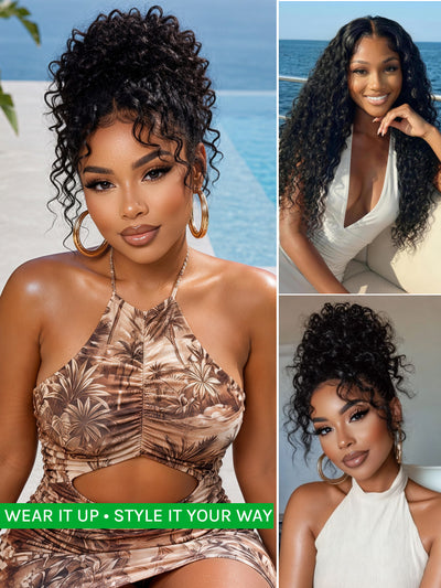 Klaiyi 7x5 & 13x4 No-Slip Cap Glueless Lace Water Wave Wig Put On & Go Human Hair Wig with Baby Hair Lightweight & Breathable