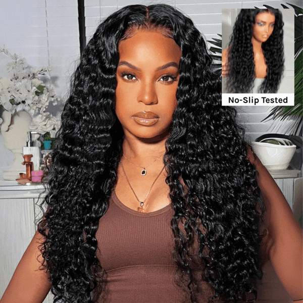 Klaiyi 7x5 and 13x4 Water Wave Drawstring™ Wig Put On and Go Glueless Human Hair Wigs Natural Black Color
