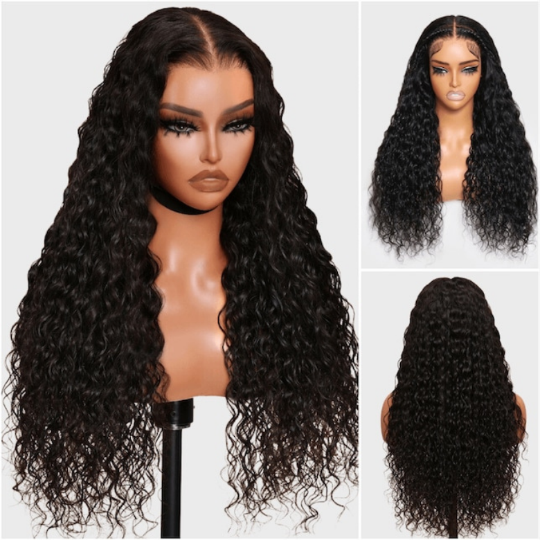 Klaiyi Water Wave 7x5 Bye Bye Knots Wig Put On and Go Glueless Human Hair Wigs Natural Black Color