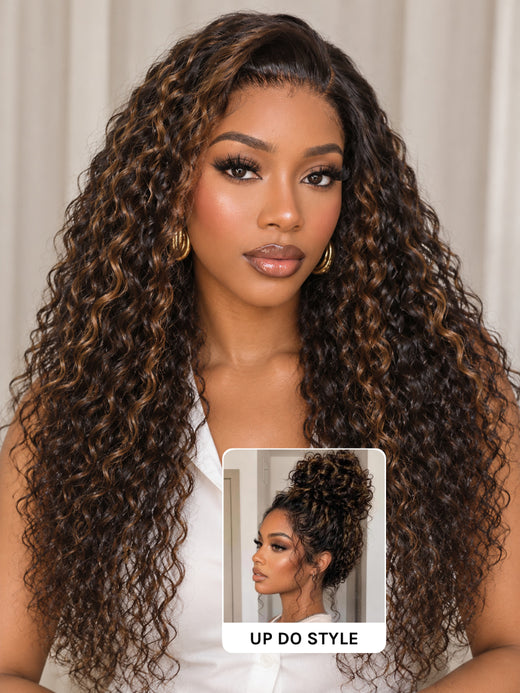Perruque Klaiyi 7x5 Blond Doré Mèches Ondulées Effet Nœuds avec Fermeture Lace Closure Densité 150%