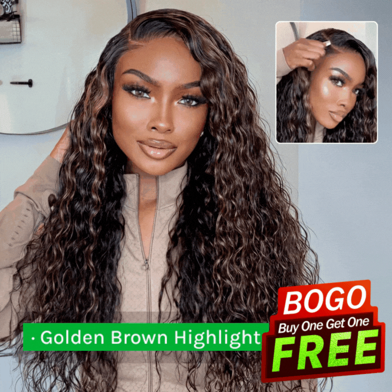 Buy 1 Get 1 Free,Code:BOGO | Klaiyi 7x5 Golden Brown Highlight Water Wave Bye Bye Knots Lace Closure Wig 150% Density